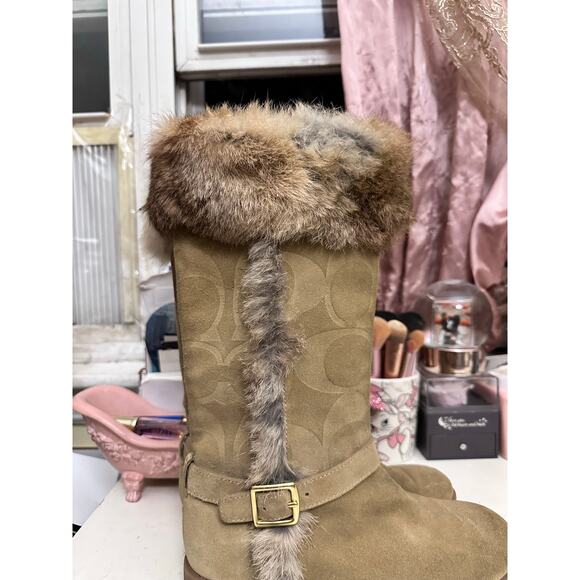 Coach Deeann Signature Embossed Suede Rabbit Fur Trim Boots Women 6.5 - Picture 8 of 10